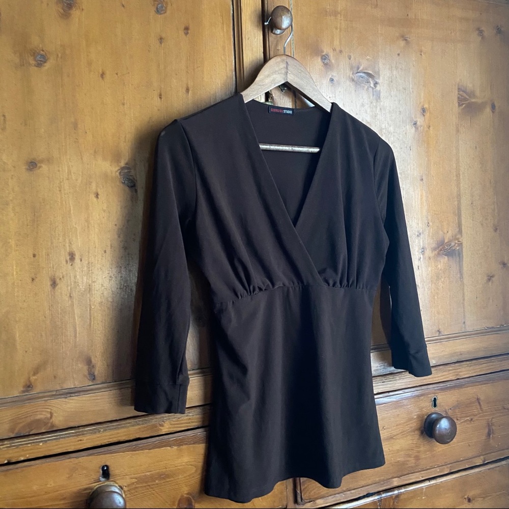 Georgiou Studio Brown V-Neck blouse 3/4 Sleeve Med